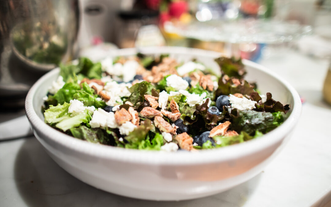 Salad Greens with Candied Nuts, Blueberries, Goat cheese and Balsamic Dressing